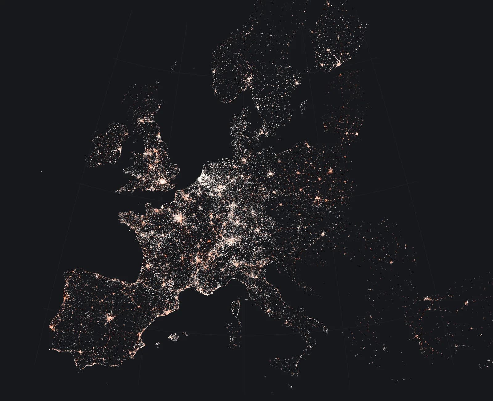 Night map of Europe where every point of light is a charging location from the station map; fast DC sites glow orange.