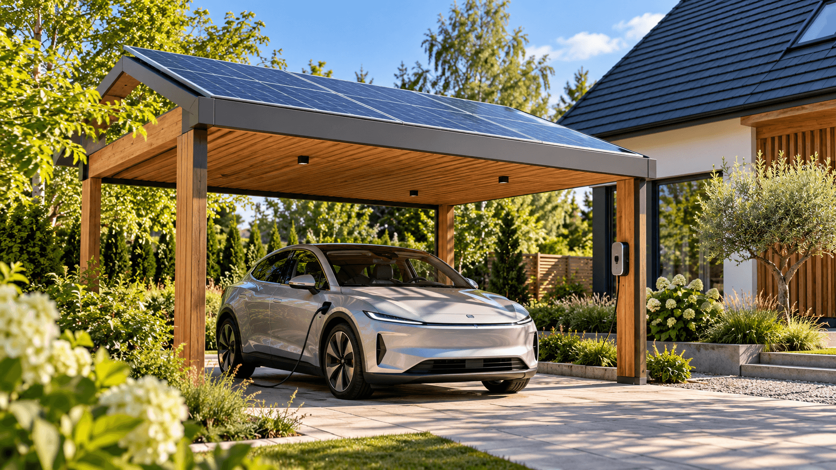 Okładka artykułu: Carport fotowoltaiczny z ładowarką: ile energii może dać?
